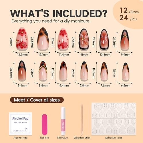 HOSAILY Medium Almond 3D Brown Gold Flower Press on Nails-‎ Tortoiseshell Leopard French Tip Blossom Gradient Design,24Pcs Handmade Fall/Autumn/New Year Glue on Acrylic Fake Nail Press ons for Women thumbnail 3