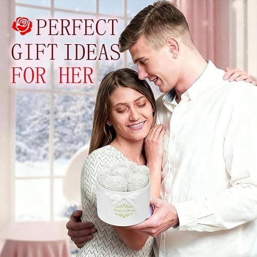 7 Forever Flowers in a Luxury Suede Box, Preserved Roses Birthday Gifts for Women, Romantic Anniversary Wedding Gifts for Women Her Girlfriend Wife, White thumbnail 3