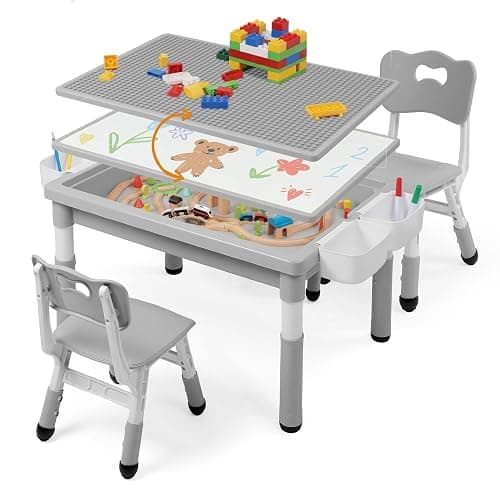 TODEFULL Kids Table and Chairs Set Large Storage, Height Adjustable | Toddler Activity Table and 2 Chairs Set, 34.6x24.8" Graffiti/Block Building Desktop, 4 Side Box, Kids desk for Home Preschool - Image 1