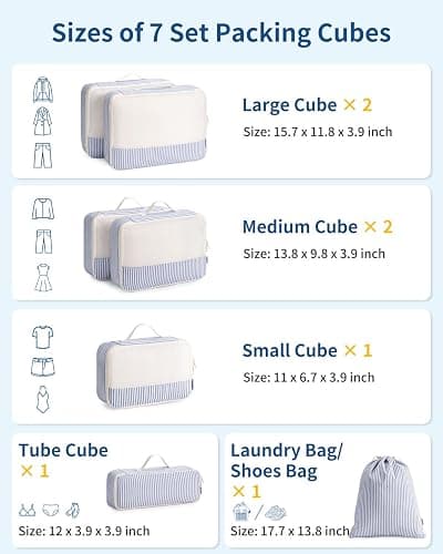 Narwey 7 Set Striped Packing Cubes for Travel Carry on Suitcase, Durable Packing Organizers Bag for Kids Women Men, Duffle Bags Backpack Travel Essentials Accessories (Greyish Blue Stripe) thumbnail 3