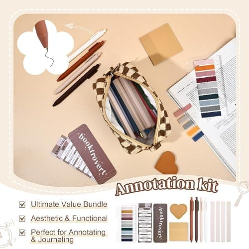 14 PCS Aesthetic Book Annotation Kit Large Checkered Pencil Case Book Lover Bookmark Dual Highlighters Gel Pens Study Supplies Stationary Set for Student Brown thumbnail 4
