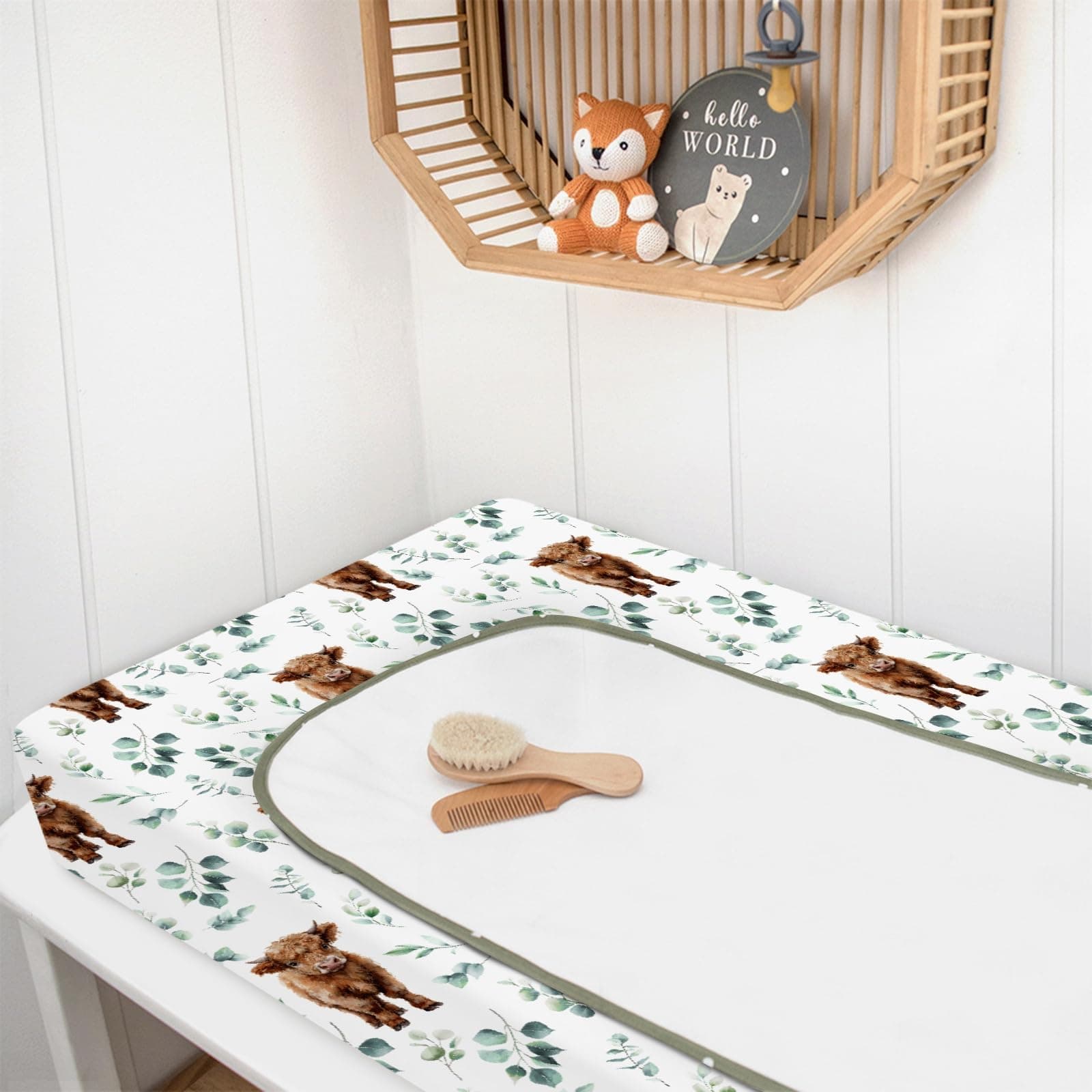 HawSkgFub Highland Cow Eucalyptus Leaf Changing Pad Cover for Baby Girl Boy, Natural Western Farm Animal Diaper Change Table Covers, Soft Stretchy Safe Snug Fitted Changing Mat Sheet Fit 32"/34" x 16" thumbnail 4