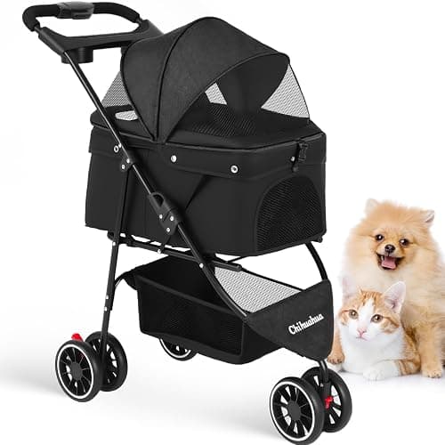 Pet Stroller,Dog Stroller for Small Medium Dogs Cats,3 Wheels,Foldable,with Breathable Mesh Canopy,Cup Holders,Easy Assembly,Black - Image 1