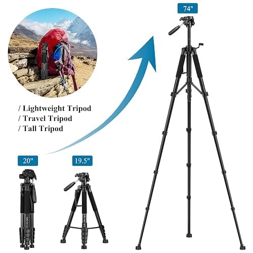 VICTIV 74” Camera Tripod, Tripod for Camera and Phone, Aluminum Professional Tripod Stand for Canon Nikon with Carry Bag and Phone Holder, Compatible with DSLR, iPhone, Spotting Scopes, Max Load 9.5Lb thumbnail 2