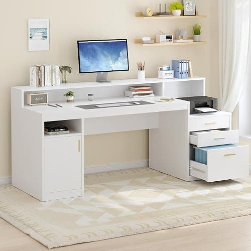 YOMILUVE Computer Desk with 3 Drawer & Storage Shelves, Home Office Desk with File Drawer & Cabinet, Writing Study Table with Long Monitor Stand & Printer Shelf, Executive Desk, White thumbnail 3