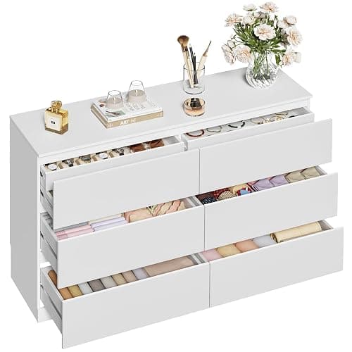 Dresser for Bedroom with 6 Drawers, 14.2" D x 47.2" W x 29.5" H, White | Modern Chest of Drawers with Hidden Drawer, Wood Storage Dresser, Storage Organizer for Living Room, Closet, Hallway - Image 1