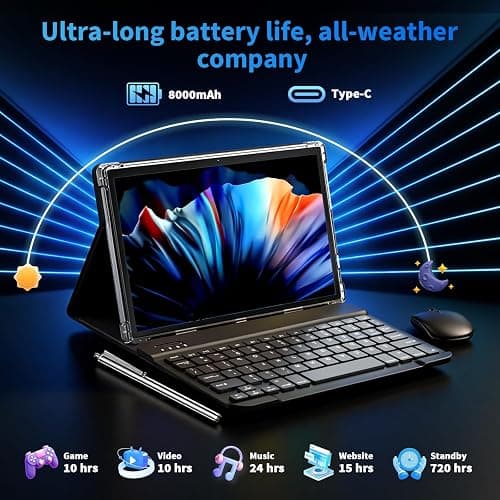 2026 10 Inch Tablet with Keyboard, Android 15 Tablet with Gemini AI, 24GB+256GB+2TB Expand, 2-in-1 Tablets with 8-Core, WiFi, 8000mAh, GMS, GPS, Electronic Tablets PC with Mouse, Case, Stylus (Black) thumbnail 6
