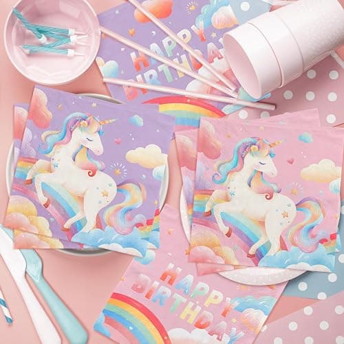 birthday Party Supplies Kit for 24 Guests - for Unicorn Birthday Decorations, Includes Dinner & Dessert Plates, Napkins, Cups, Banner and Tablecloth for Unicorn 1st Birthday Party Decorations thumbnail 7