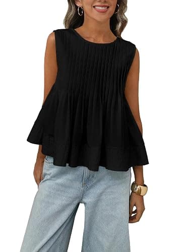 Megfie Womens Summer Pleated Peplum Sleeveless Blouse Tank Tops Round Neck Y2K Babydoll Blouse Shirt - Image 1