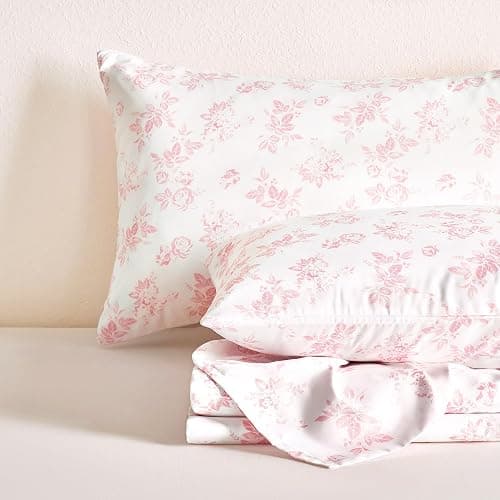 Wake In Cloud - Floral Bed Sheets, 4-Piece Sheet Set, Shabby Chic Botanical Coquette Cottagecore Vintage Flower Pattern Printed Bedding, Deep Pocket, Pink, Queen Size thumbnail 7