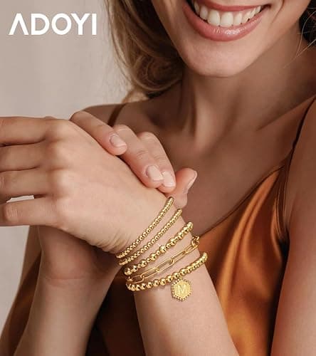 adoyi Gold Bracelets for Women Waterproof, 14K Gold Plated Beaded Strand Bead Ball Bracelets stack Adjustable Jewelry Set for Gifts thumbnail 2