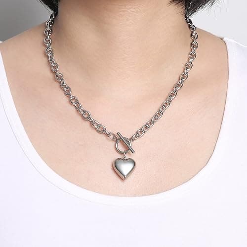 HZMAN Women Stainless Steel Multilayer Necklace Heart Pendant Dog Tag Pendant Chunky Cuban Chain Link Toggle Clasp Necklace thumbnail 2