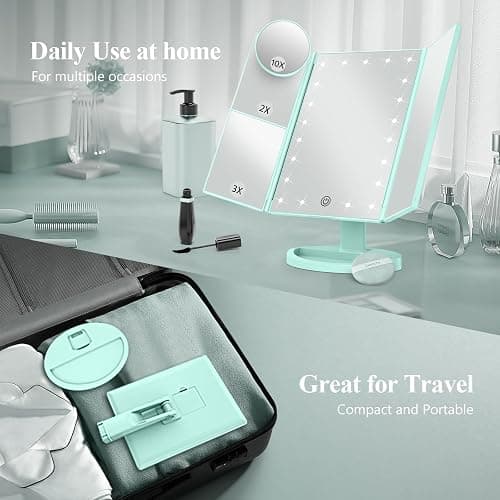 HUONUL 2X/3X/10X Magnifying Vanity Mirror with Light, Trifold Makeup Mirror | Touch Dimming, Dual Power, Clear View for Makeup, Skincare. Dorm Room Essentials. Birthday Gifts for Women, Mom, Wife, Girls thumbnail 4