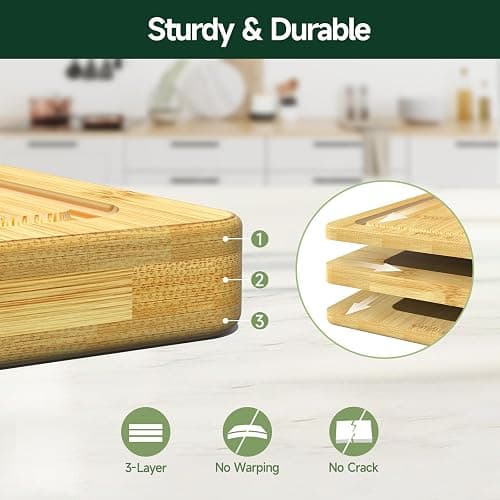 Zeawec 3-Piece Set Bamboo Cutting Board for Kitchen - Crack-Resistant Wood Chopping Boards with Deep Juice Grooves, Pre-Oiled Butcher Block for Meat, Vegetables & Cheese, Natural thumbnail 4