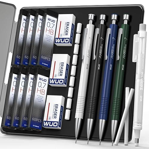 WUO 0.7mm Mechanical Pencil Set with Case, 4PCS Metal Mechanical Pencils with Eraser Pen, 480 HB Lead Refills, 3 Erasers, 11 Eraser Refills, Artist Drafting Pencils for Writing, Drawing, Sketching - Image 1