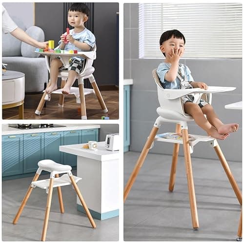 Komcot High Chair, 6 in 1 Convertible High Chairs for Babies and Toddlers | Wooden Baby High Chair, Toddler Highchair with Double Tray & Reversible Footrest, 5-Point Harness Baby Feeding Chair, Beige thumbnail 7