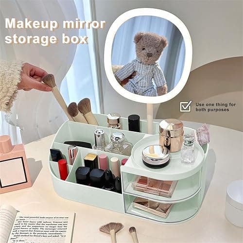 DASITON Makeup Organizer with Rechargeable Mirror,Makeup Brush Holder with 2 Drawers,Skincare and Cosmetics Organizer Countertop,Large Capacity Cosmetic Display Case for Vanity,Bedroom,Bathroom(Green) thumbnail 3