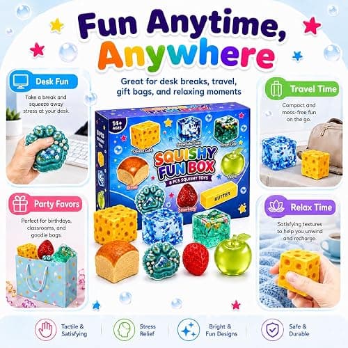 ATDRU 8 PCS Squishy Fun Box, Creative Squishy Box Set, Slow Rising Food & Stress Cube Toys, Soft Fidget Relief Desk Decor Birthday Party Gifts for Adults thumbnail 9