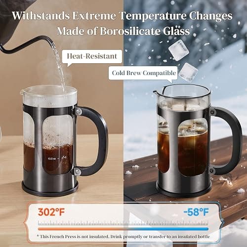 Veken French Press Coffee Maker 34oz, No Plastic Touching Cafe,Thickened Glass Stainless Steel Brewer, Cold Brew Cafetera Tea pot for Kitchen Travel Camping, Gifts, Decor, Bar Accessories, Dark Pewter thumbnail 6