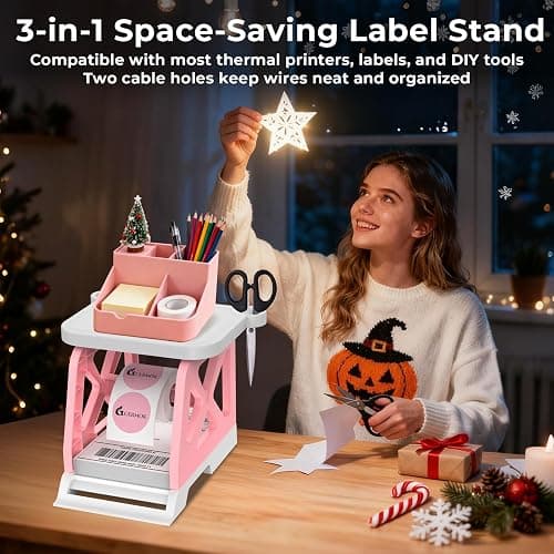 Guermok 3-in-1 Thermal Label Holder Stand for Printer Desk Organizer for Roll & Fan-Fold Labels, Cable Management, Easy Assembly for Home, Office, Retail & Small Business Pink thumbnail 3