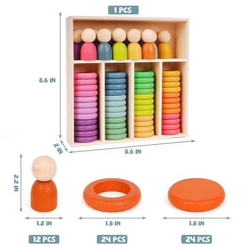 Montessori Toys Wooden Color Sorting Stacking Rings Toy Rainbow Wooden Peg Dolls Counting Toys Circular Building Blocks Stacking Game Preschool Learning Education Fine Motor Skill Toys for Toddlers thumbnail 2