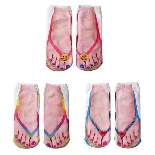 Flip Flop Funny 3D Print Girls Foot Socks - Women's No Show Socks, 3 Pairs (6-10) - Image 1