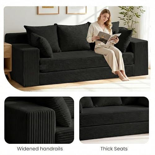 Winzoo Convertible Sofa Bed, Pull Out 3 Seater Sleeper Sofa, 70" Black Boneless Couch Fold Out Floor Couch with 5 Pillows for Living Room Bedroom Lounge Small Space thumbnail 6