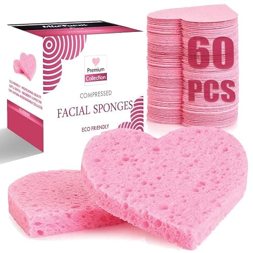 60-Count Compressed Facial Sponges, 100% Natural Cosmetic Spa Sponges for Facial Cleansing, Exfoliating Mask (Pink Heart) - Pink Heart - Image 1