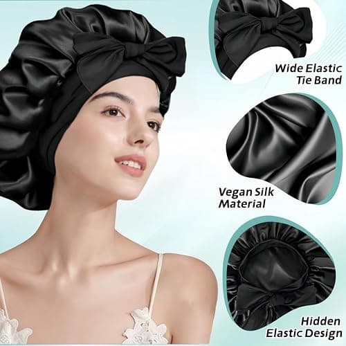 2Pcs Silk Bonnet for Sleeping, Satin Bonnet with Tie Band for Curly Hair Braid Women Black thumbnail 6