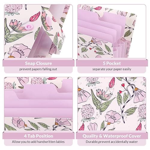 SKYDUE Accordion File Organizer, Floral Expanding File Folders with 5 Pockets, Cute Document Organizer for Paper Bills Receipt Storage, School Office & Hospital Supplies Letter/A4 Size Light Purple thumbnail 4