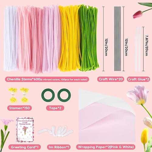 600PCS Pipe Cleaners Flower Kit, Pipe Cleaners Craft Bulk Chenille Stems Flower Making Set with Floral Wrapping Paper, Gardening Tape, Stamen, Floral Wires & Ribbon for Art and Craft Supplies thumbnail 3