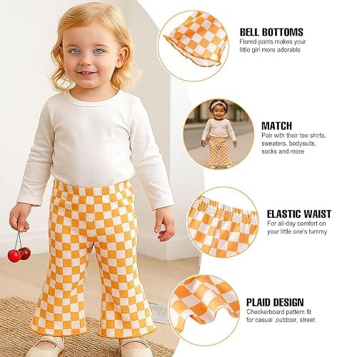 SOBOWO Checkered Baby Girl Flare Pants 3 Pack Toddler Bell Bottoms Plaid Ruffle Leggings Pants Fall Winter Outfits Size 6M-4T thumbnail 5