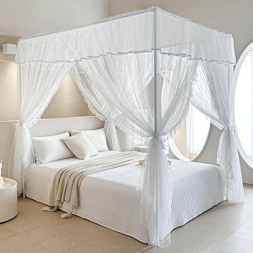 AIKASY 4 Corners Post Ruffle Princess Bed Canopy Curtain - Double Layer Cozy Drape Netting with 4 Openings - Elegant Mosquito Net for Girls and Adults Bedroom Decoration (White, Queen) - Image 1