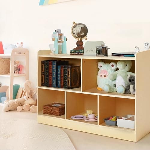 PTINFLUCE Montessori Shelf, Wooden Toy Storage Organizer for Books Toys, 2 Shelf Bookcase, 5-Section Storage Cabinet, Toddler Book Shelf for Kids Rooms, Playroom, Nursery, Kindergarten (Natural) thumbnail 6