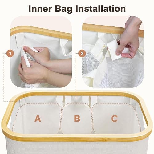 Extra Large 3 Section Dirty Clothes Laundry Basket with Lid, Dirty Clothes Hampers with Removable Bags for Bedroom and Laundry Room, Beige thumbnail 3