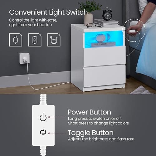 VASAGLE Nightstand with Adjustable LED Light, Bedside Table with Drawers, Side Table, for Bedroom, Modern Minimalist Style, White ULET634T14 thumbnail 6