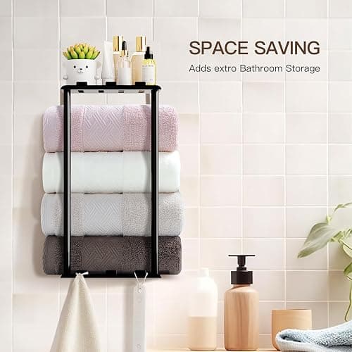 KISENG Towel Racks for Bathroom Towel Holder with Shelf & 6 Hooks,Space Saving Vertical Hanging Towel Rack, Sturdy Metal Wall Mounted Towel Storage Rack for Rolled Towels Organizer - Black - 14.76 Inch/2 Tier thumbnail 2