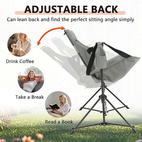 Hammock Camping Chair 2Pcs, Folding Portable Rocking Chair(2, Gray) | Adjustable Back Swinging Chair with Pillow Cup Holder, Recliner with Carry Bag for Outdoor Travel Lawn Backyard thumbnail 5