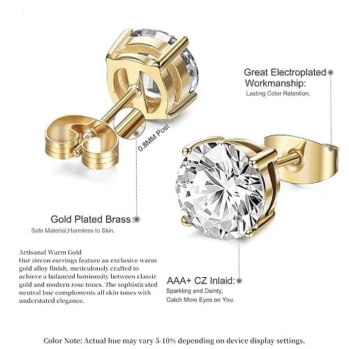 Kainier Women's 14K Gold Plated CZ Stud Earrings Simulated Diamond Round Cubic Zirconia Ear Stud Set（5 Pairs)… thumbnail 7