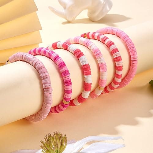 Ornaland 6 PCS Heishi Surfer Bracelets Set 6mm Polymer Clay Vinyl Disc Beads Stretch Bracelets Bohemia Summer Beach Jewelry for Women (Pink) thumbnail 4