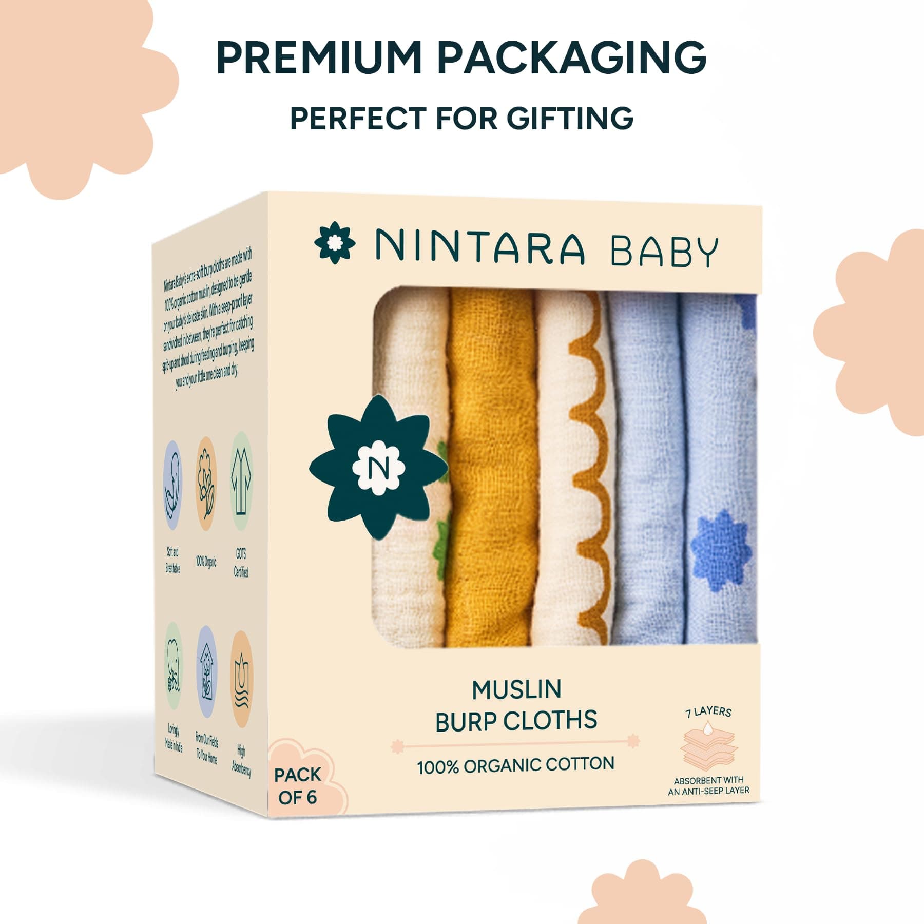 NINTARABABY Burp Cloths – 100% Organic Muslin Cotton, 7-Layer Absorbent & Waterproof, Extra-Large (55×30 cm), Soft & Hypoallergenic, Multipurpose Baby Essentials & Gift for Newborns, Pack of 6 thumbnail 5