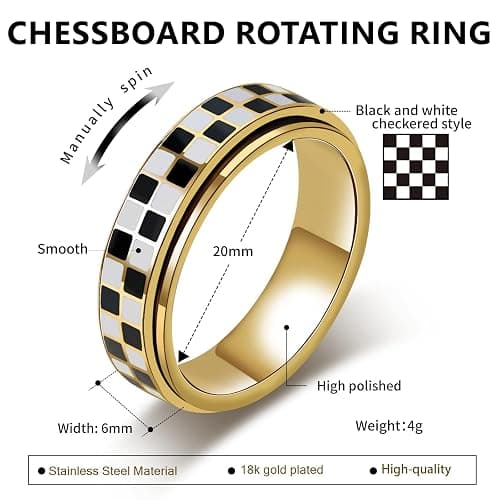 AmorArtSky Checkered Fidget Ring for Adults - 18K Gold Plated Stainless Steel Rotating Spinner Jewelry, Anxiety & Stress Relief Gift for Women/Men (Black and White Pattern) thumbnail 7