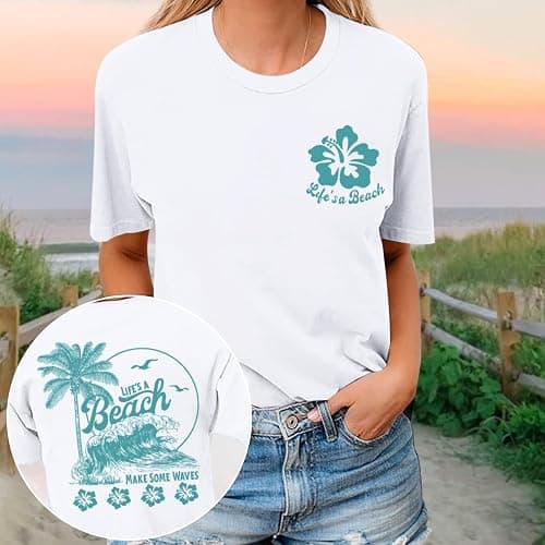 KEEVICI Hawaiian Beach T Shirts for Women Hibiscus Flower Palm Tree Shirt Tropical Graphic Tees Summer Beachy Vacation Tops thumbnail 5