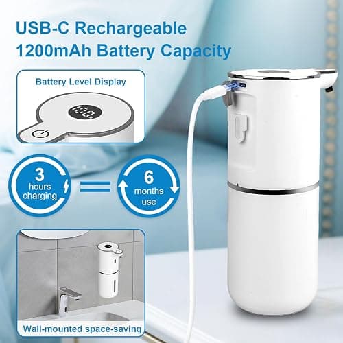 OHIFAST Automatic Foaming Soap Dispenser Touchless, USB Rechargeable Smart Hand Soap Dispenser, 6-Level Adjustable, 12.8oz/380mL Wall Mounted for Bathroom Kitchen Dish Soap-White thumbnail 4