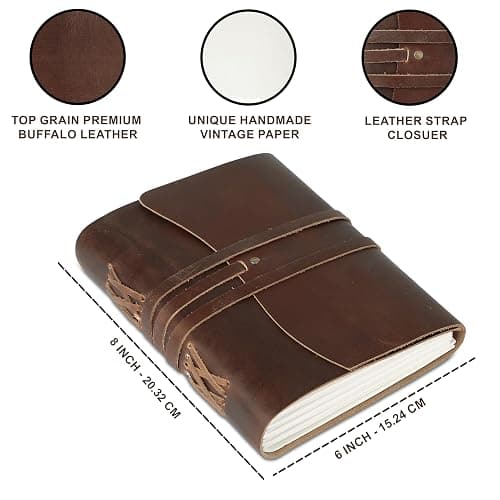 KomalC Dark Tan Leather Journal 7x5 | Handmade Vintage Notebook with Unlined Pages | Rustic Cotton Paper | Antique-Style Travel Diary & Sketchbook for Men & Women thumbnail 4