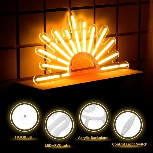Ganeen Orange Sunrise Sunset Neon Sign Boho Wall Art Neon Lights for Bedroom Sun on The Horizon LED Signs Wall USB Night Room Decor for Living Room, Kitchen, Bathroom, Office Decor, Christmas Gifts thumbnail 3