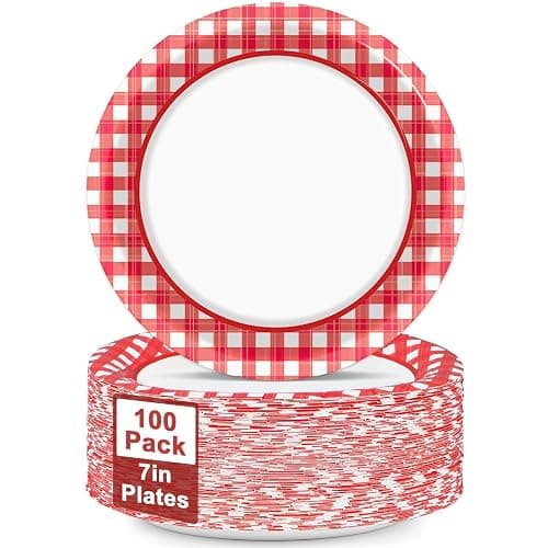Naozinebi 100pcs 7inch Red and White Plates Checkered Plaid Tableware Baby Shower Red Dessert Disposable paper Dinnerware for Picnic Barbecue Baby Shower Birthday Party Decorations - Image 1