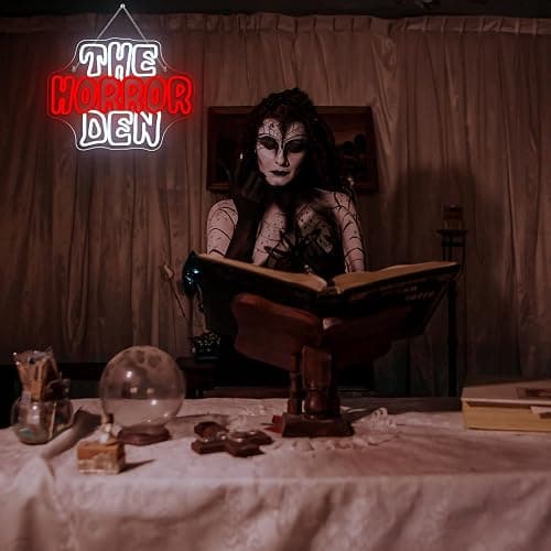 Horror Den Neon Sign Retro Scary Neon Light for Wall Decor Gothic Theme LED Light up Spooky Sign Dimmable Horror LED Signs Indoor Gothic Decor in Game Room Ideal Gifts for Scary Movie Fans thumbnail 9