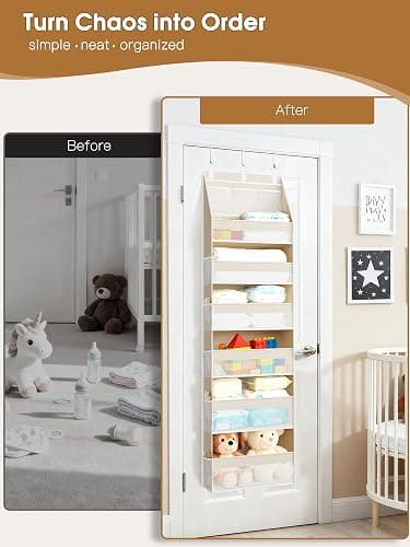 Criusia Over the Door Organizer, 6-Shelf Closet Hanging Storage with 13 Mesh Pockets, 55lbs Capacity Behind the Door Storage for Baby Nursery, Bathroom, Bedroom, and Dorm, Beige thumbnail 7