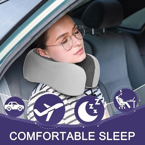 napfun Neck Pillow for Traveling, Upgraded Travel Neck Pillow for Airplane 100% Pure Memory Foam Travel Pillow for Flight Headrest Sleep, Portable Plane Accessories, Striped Light Grey Set thumbnail 3